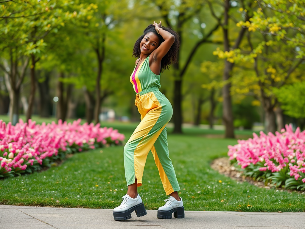 Een vrouw in een kleurrijke jumpsuit poseert vrolijk tussen bloeiende bloemen in een park.