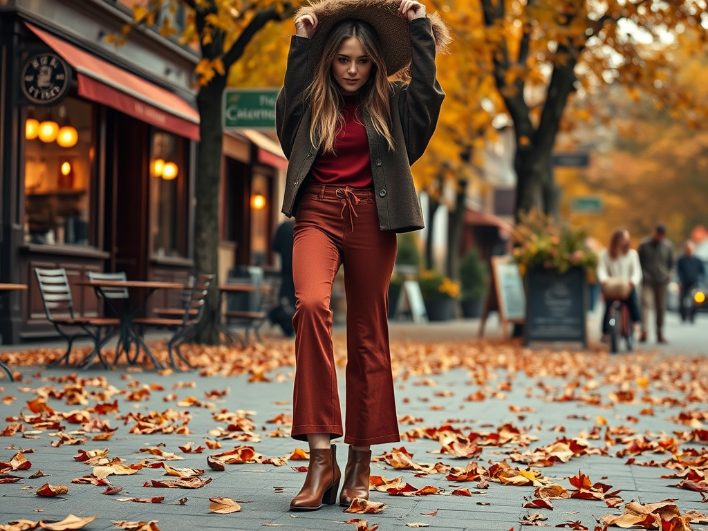 Een vrouw in een herfstsetting staat op een straat vol bladeren, met een hoed en stijlvolle kleding.