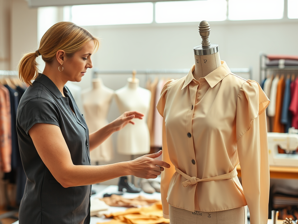 Een modeontwerper past een ecru blouse aan een paspop aan in een studio vol stoffen en mannequins.