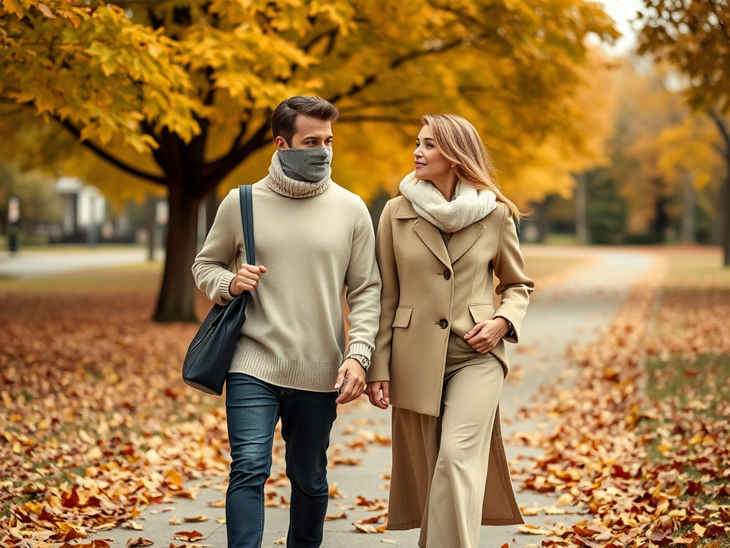 Een stel wandelt hand in hand over een pad bedekt met bladeren, omringd door herfstkleuren. 