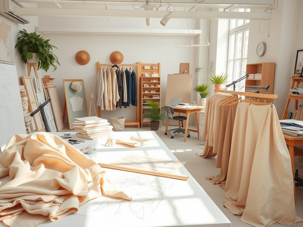 Een heldere ontwerpstudio met stoffen, kleding en een werktafel vol materialen en schetsen.