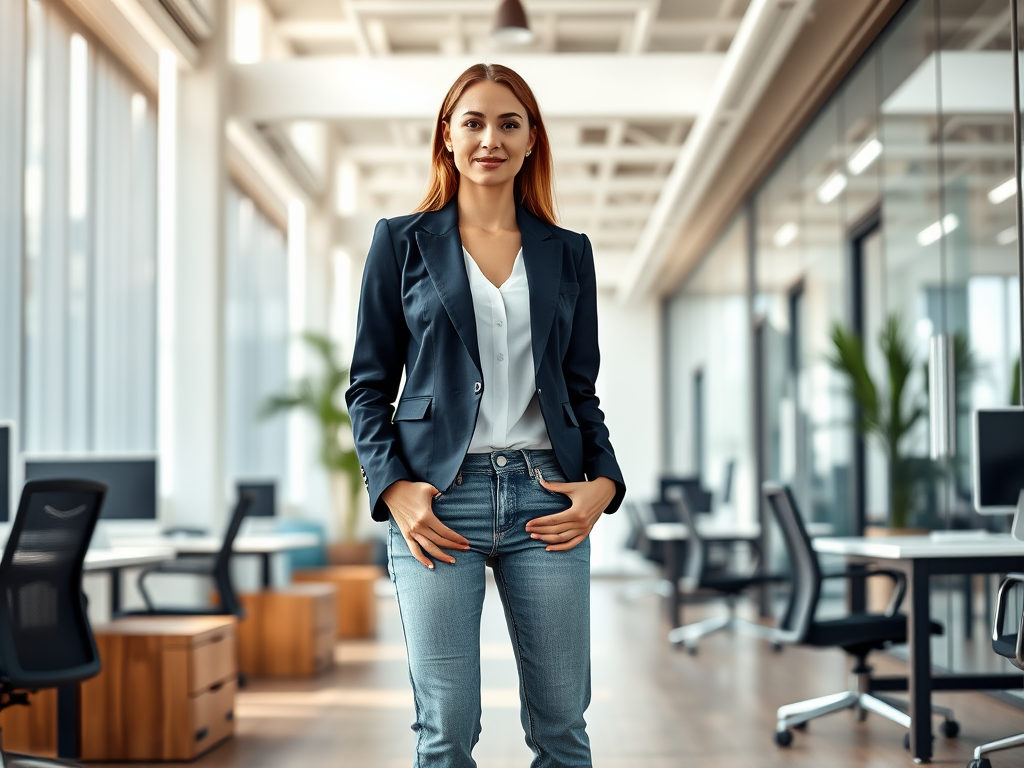 Een vrouw in een blazer en jeans staat in een moderne kantoorruimte met bureaus en planten.