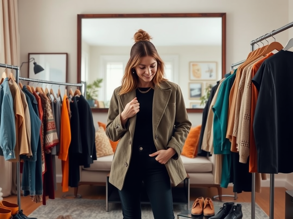 Een vrouw in een groene jas staat tussen kledingrekken in een gezellige woonkamer. Achter haar zijn schoenen zichtbaar.