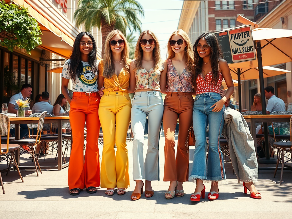 Vijf vrouwen staan samen in zonnige kleding op een terras met palmbomen en buitenstoelen.