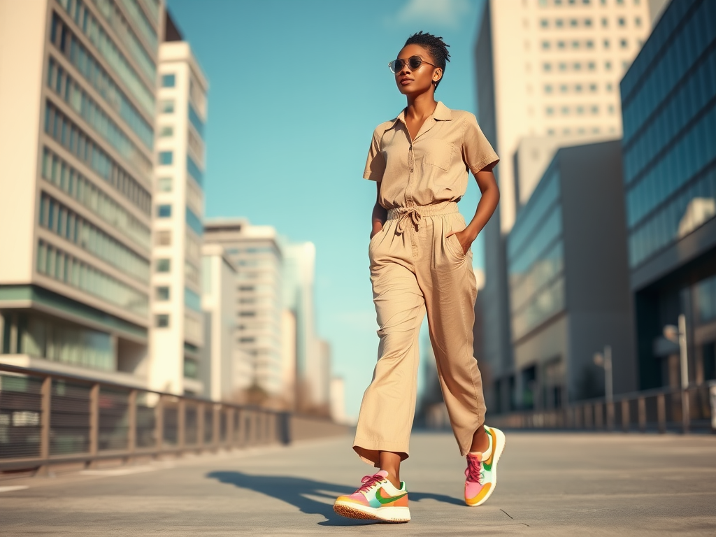 Een modieuze jongedame wandelt door een moderne stad in een casual outfit en kleurrijke sneakers.