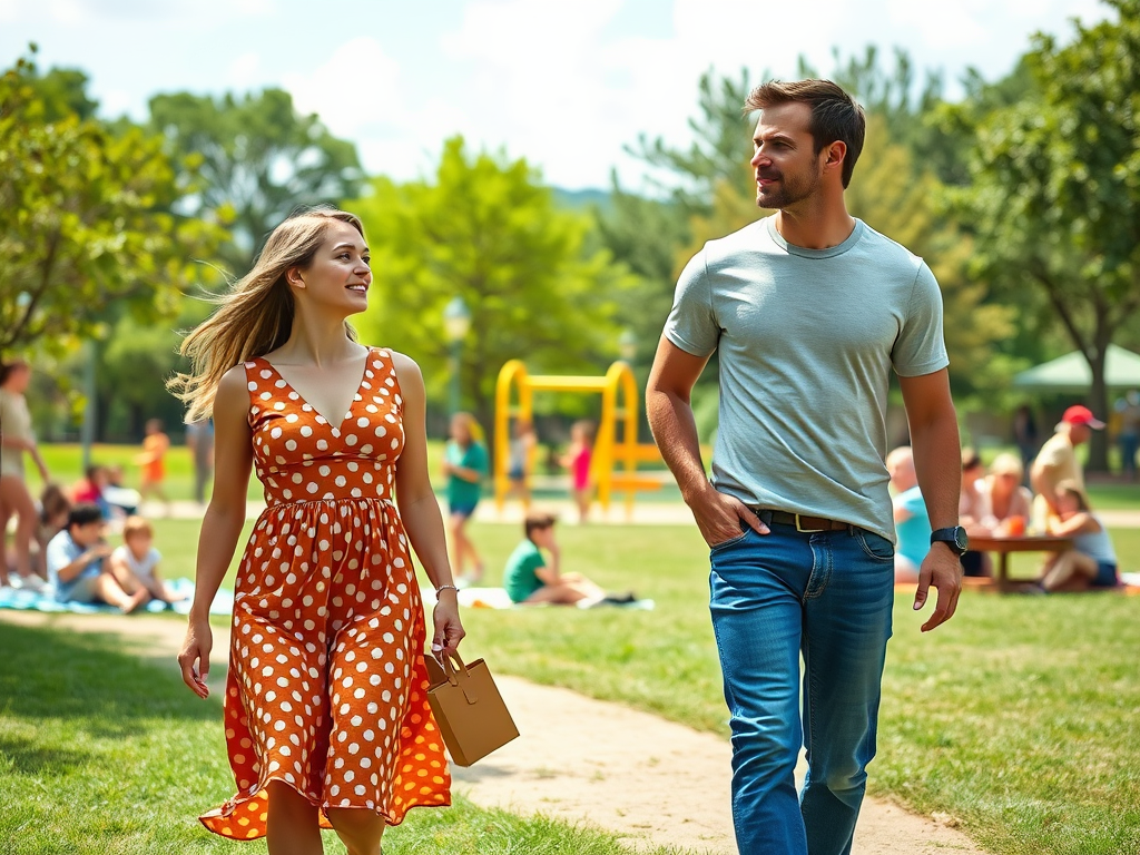 Een man en een vrouw wandelen samen in een zonovergoten park, omringd door mensen en groene bomen.